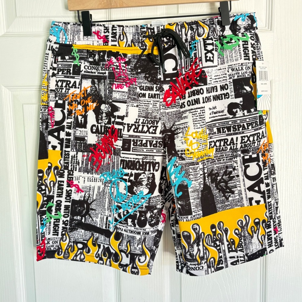 NEW Fresh Prints of Bel-Air Shorts Size L White Newspaper Graffiti Streetwear